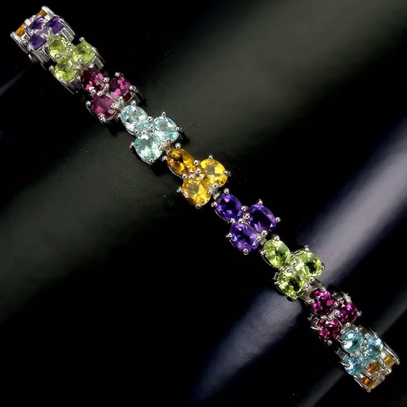 Natural Unheated Oval Citrine Amethyst Apatite Gems 925 Sterling Silver Bracelet